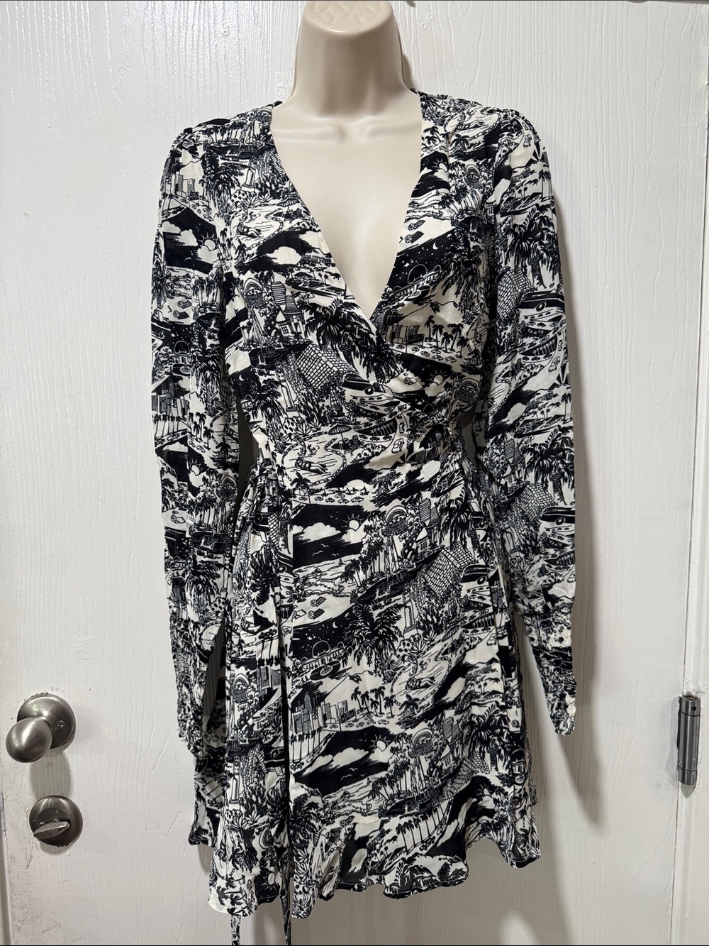 Reformation Black and White Printed Long Sleeve Wrap Dress